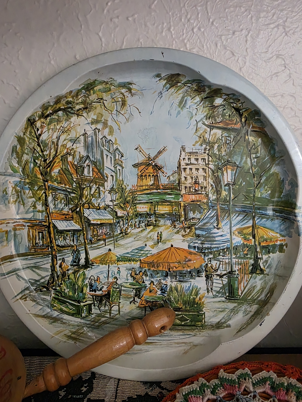 Hand-Painted Scenic Decorative Tray with Windmill and Cafe Scene - White Trim